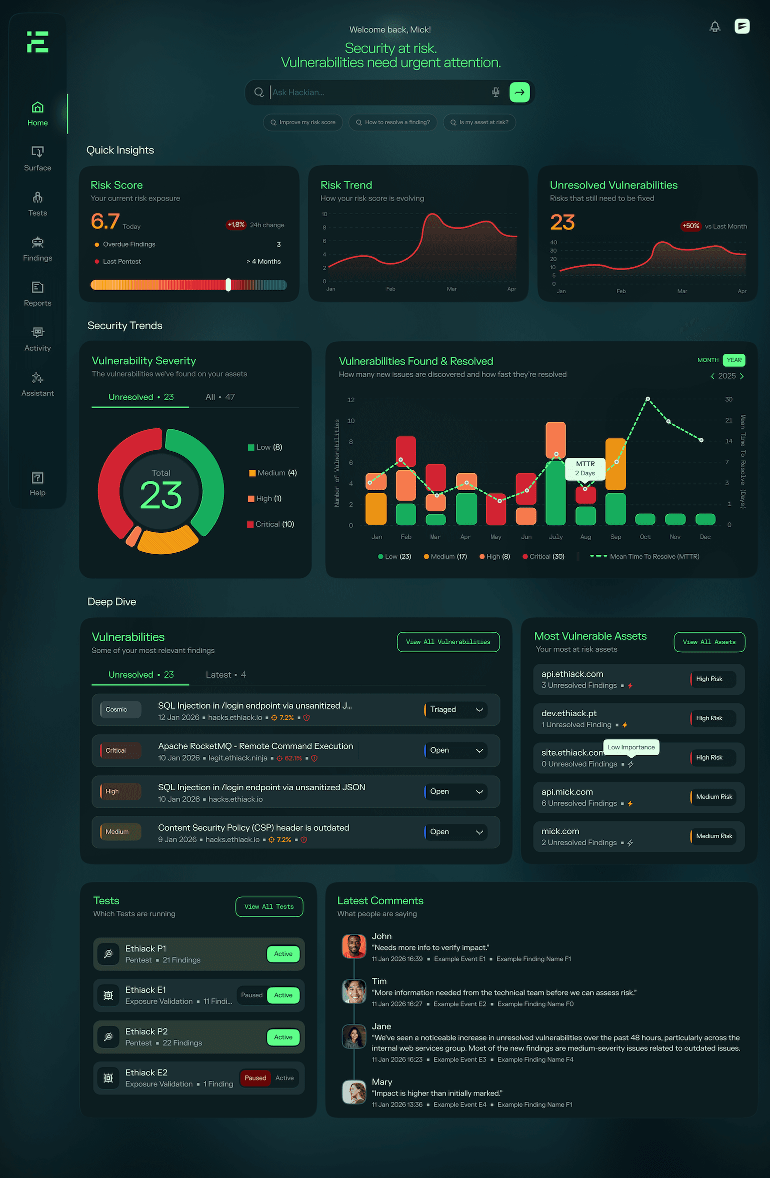 The redesigned Ethiack Portal dashboard