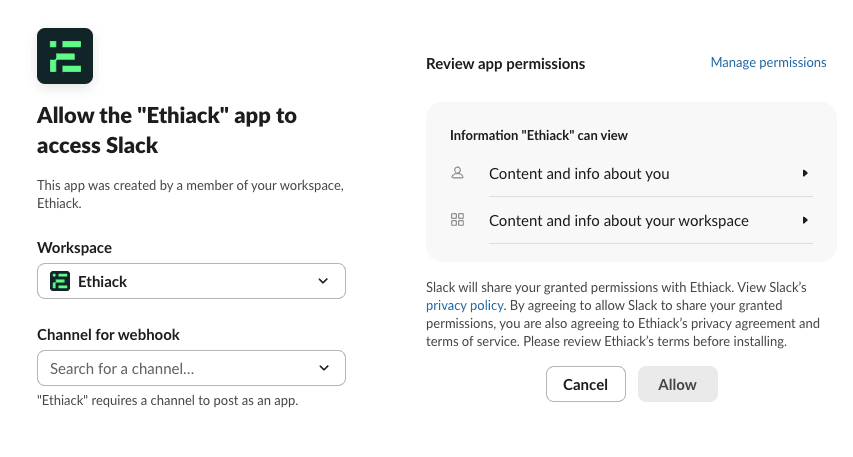 Slack authorisation page