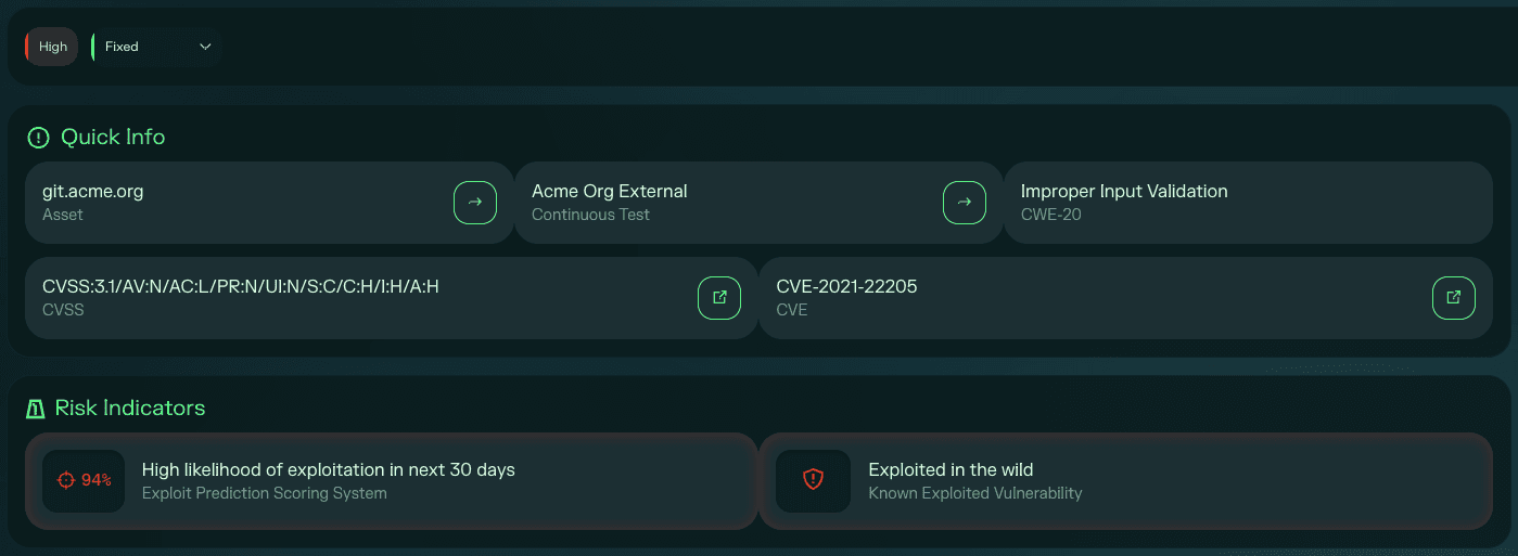 Finding detail page showing Quick Info and Risk Indicators panels
