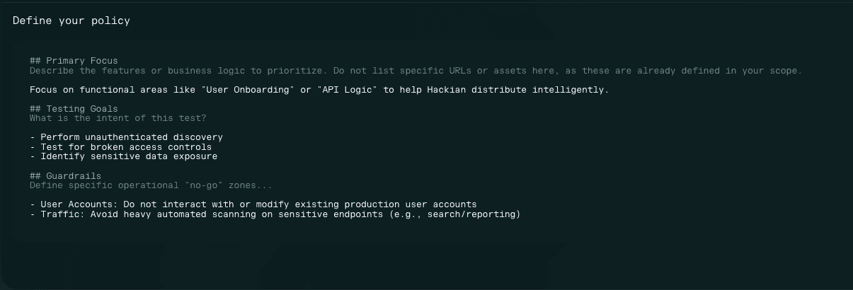 Agentic pentest policy editor with the Primary Focus, Testing Goals, and Guardrails sections