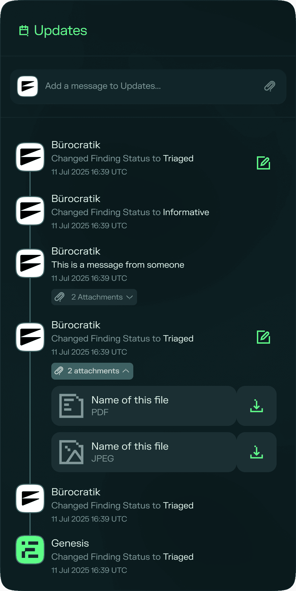 Finding updates — status changes and comments