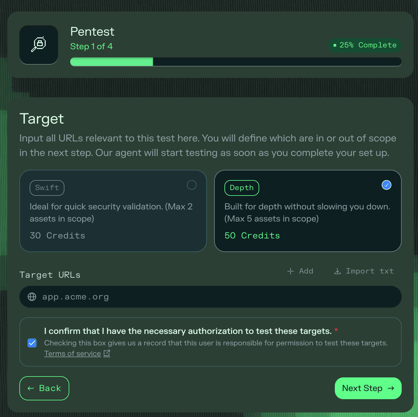 Select test type and targets