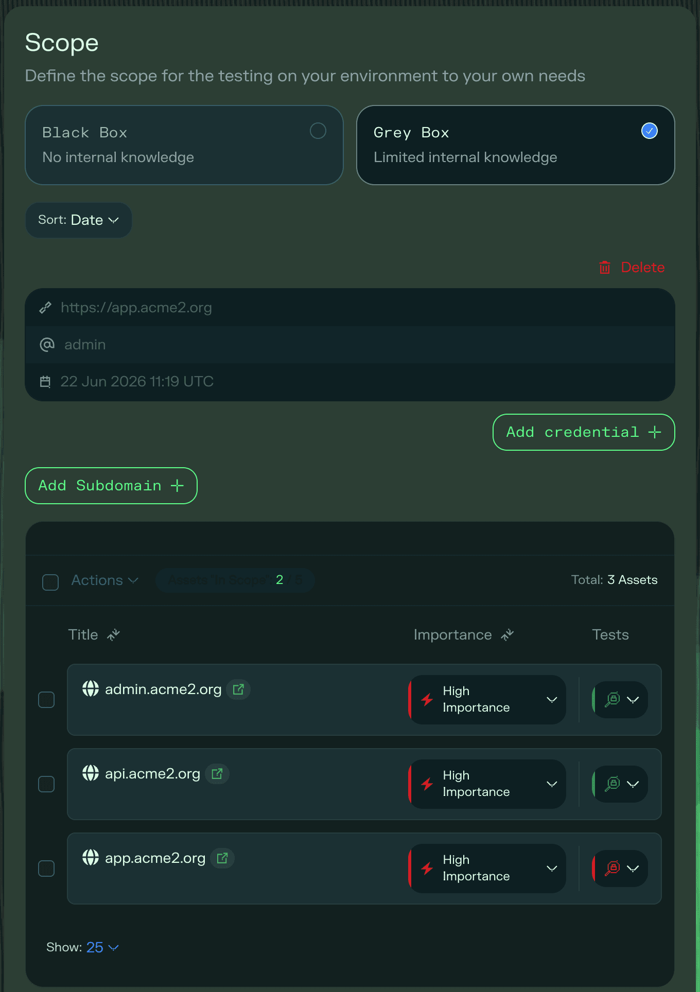 Scope definition and testing mode