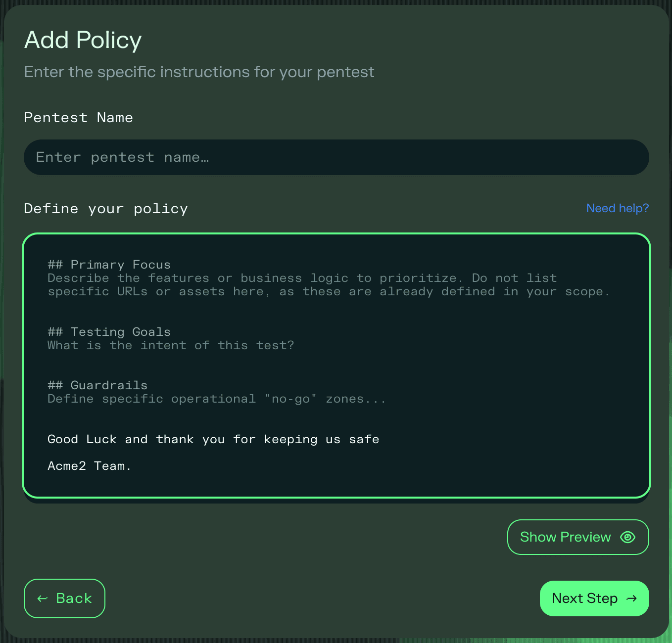 Testing policy editor