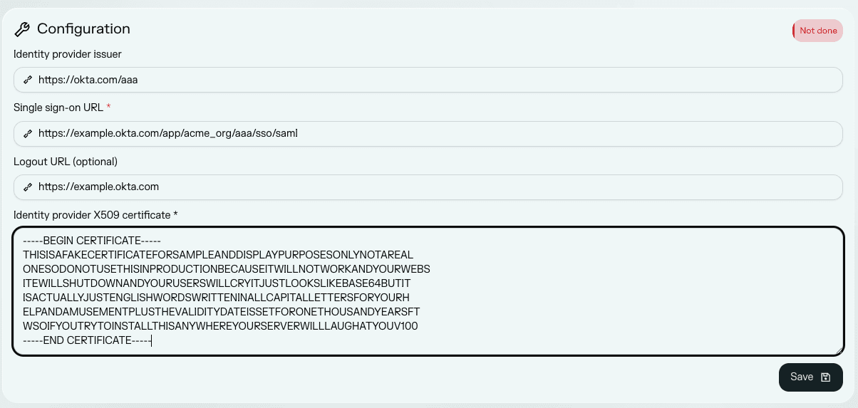 SSO configuration fields